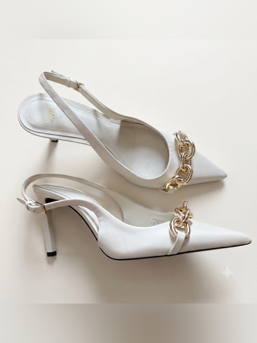 Zara Sz 8.5 (39) Cream Gold Chain Pointy Toes Leather High Heels Pump